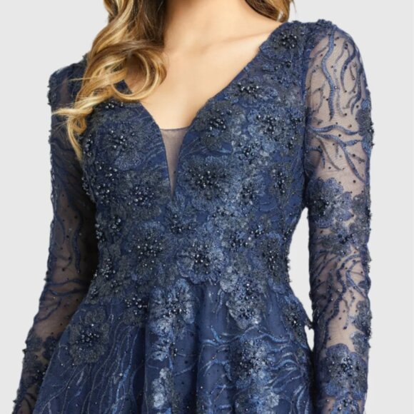 MAC DUGGAL 20286 EMBELLISHED PLUNGE NECK ILLUSIONS LONG SLEEVE MIDI DRESS sz 10 - Picture 3 of 8